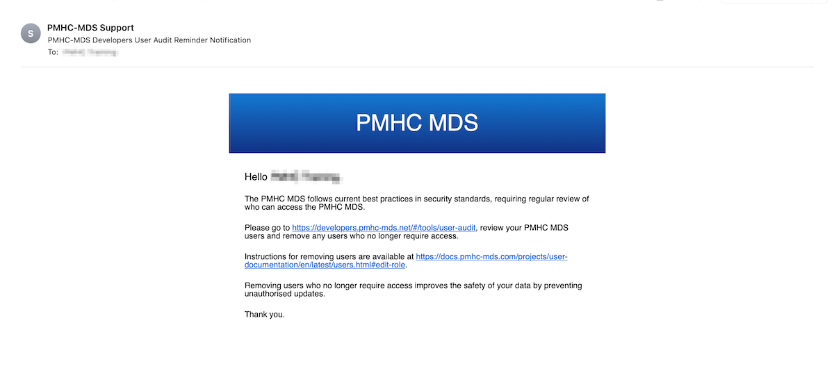 PMHC-MDS User Audit Reminder Notification