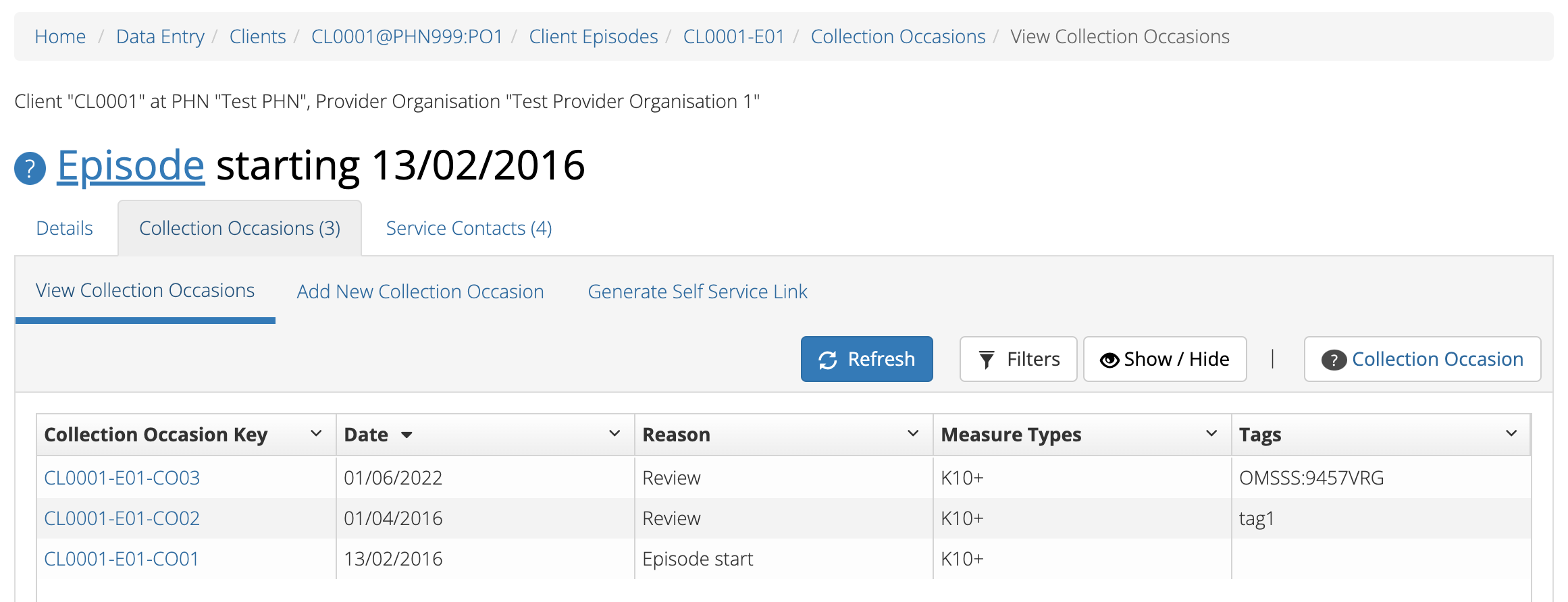 Example Client Data Generate Collection Occasion Self Service measure in MDS
