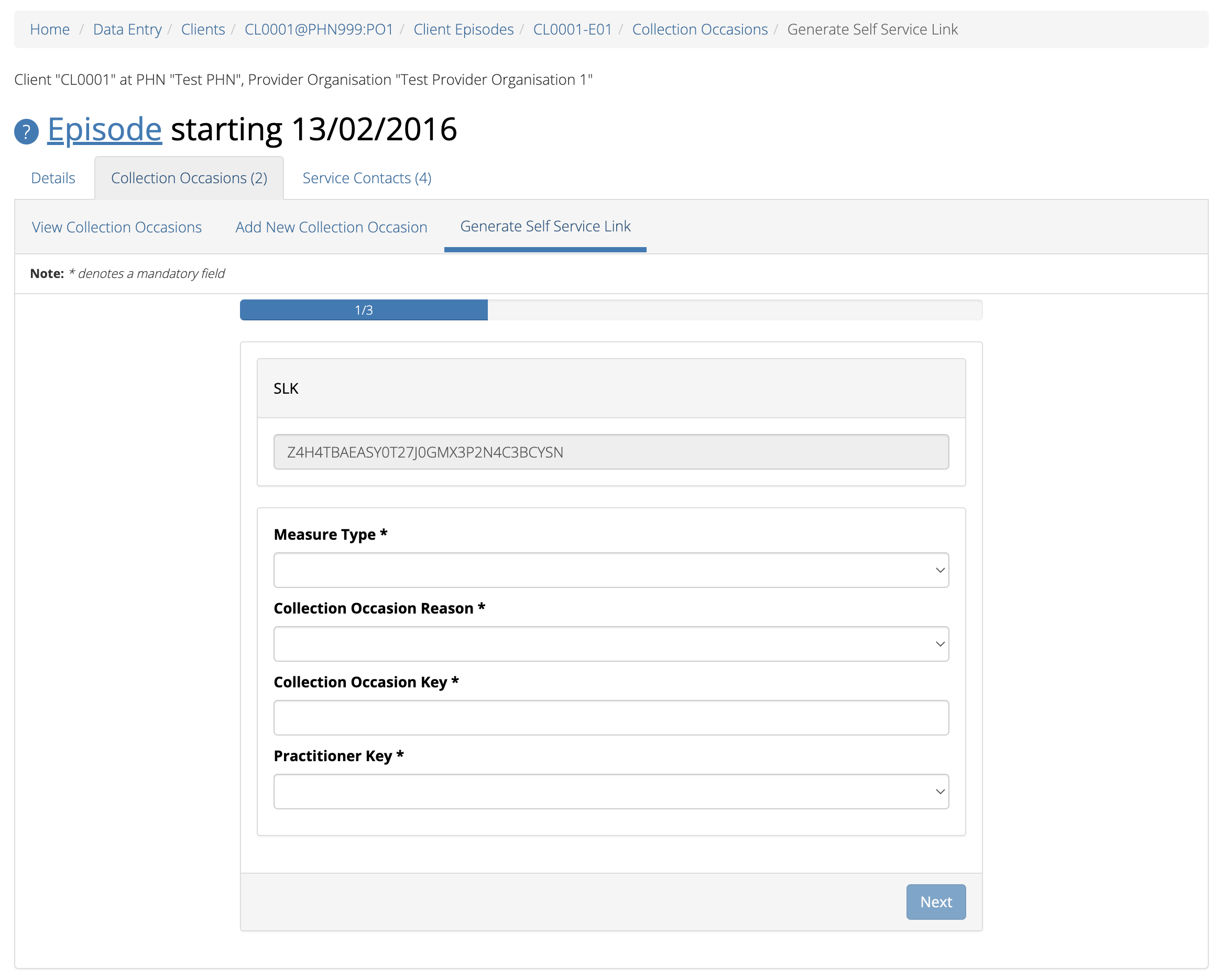 Client Data Generate Collection Occasion Self Service Link - screen 1