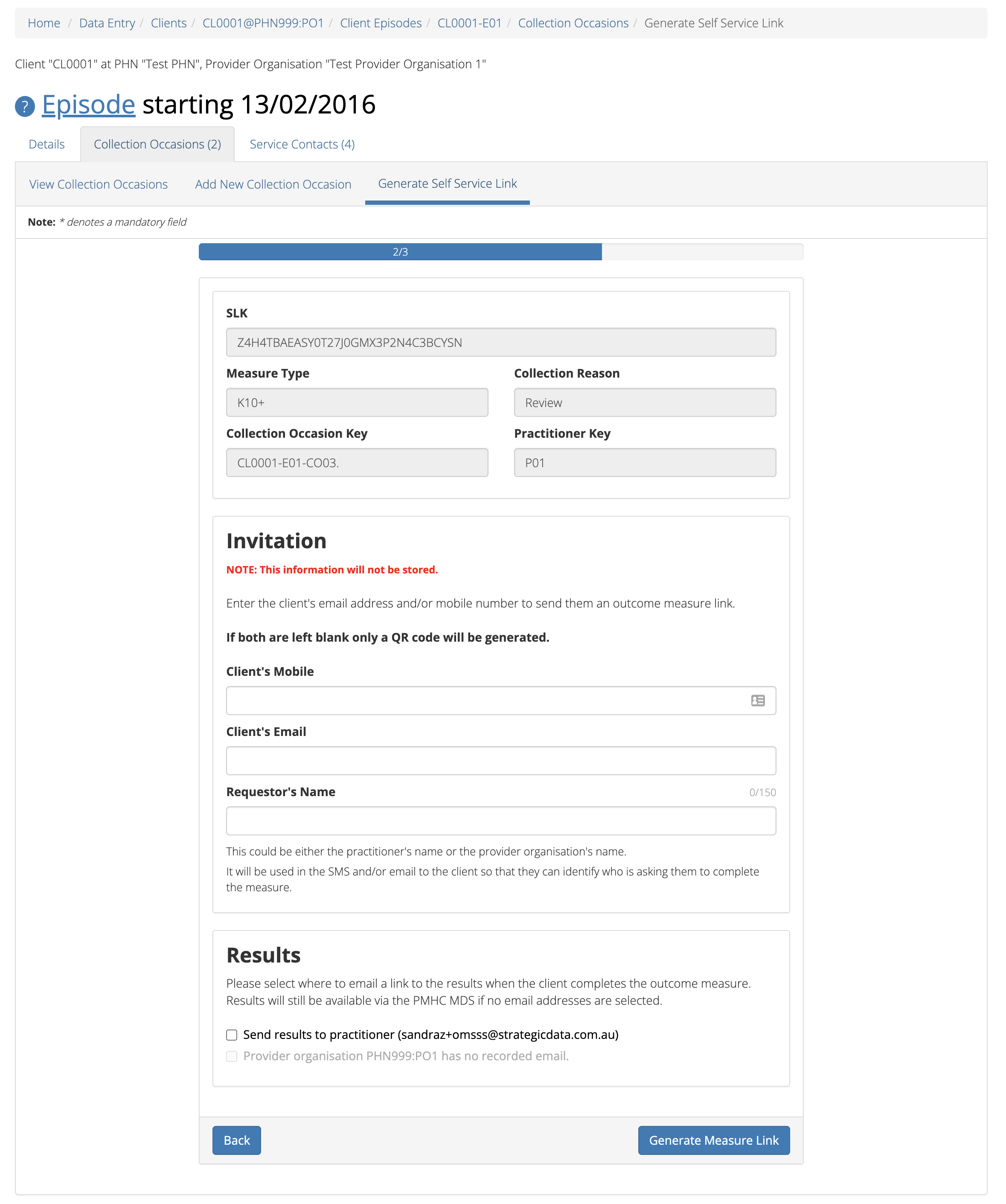 Client Data Generate Collection Occasion Self Service Link - screen 2