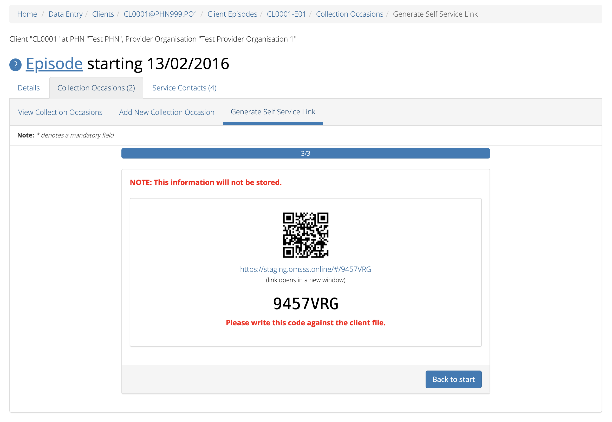 Client Data Generate Collection Occasion Self Service Link - screen 3