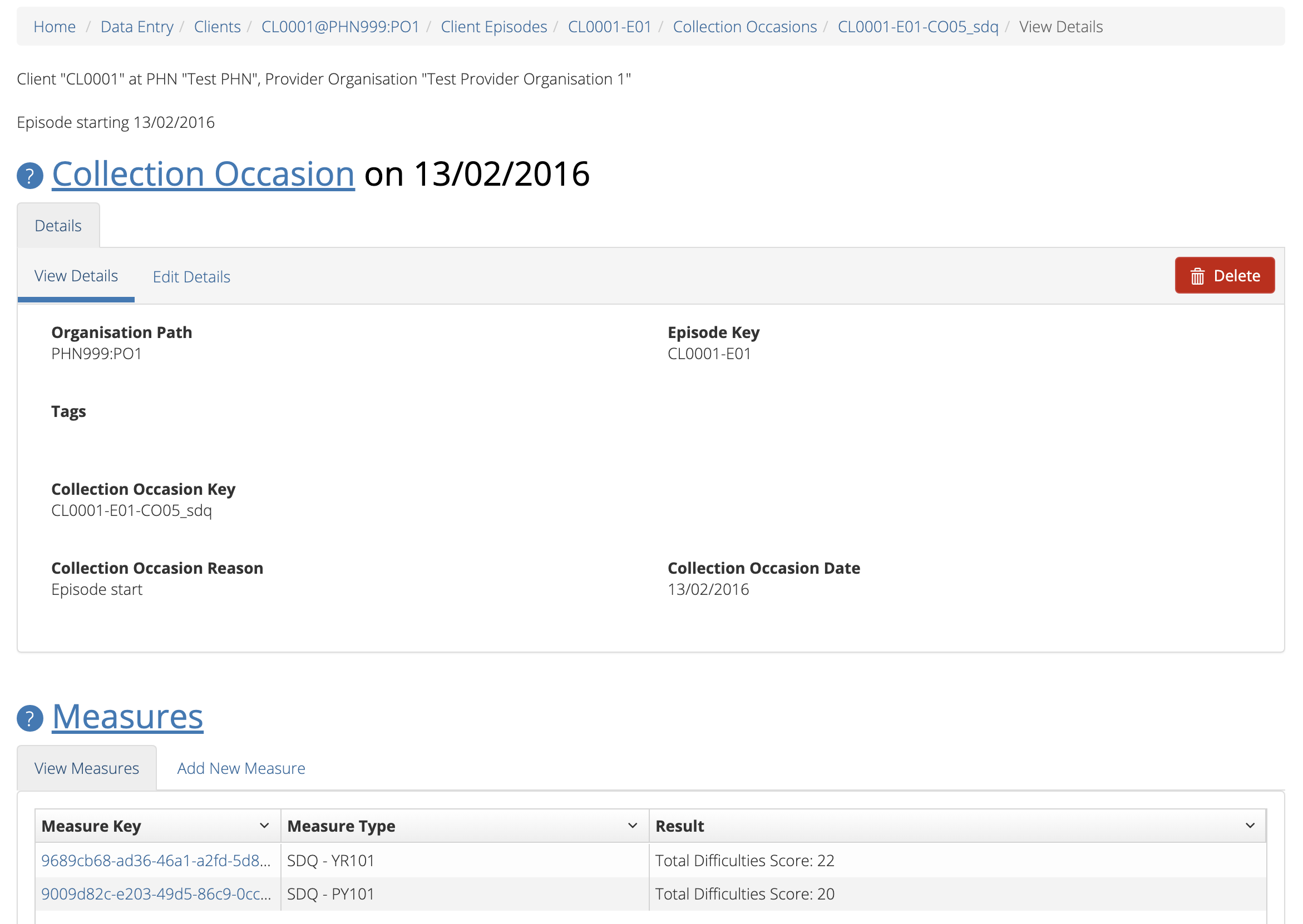 Client Episode Collection Occasions Details Measure View