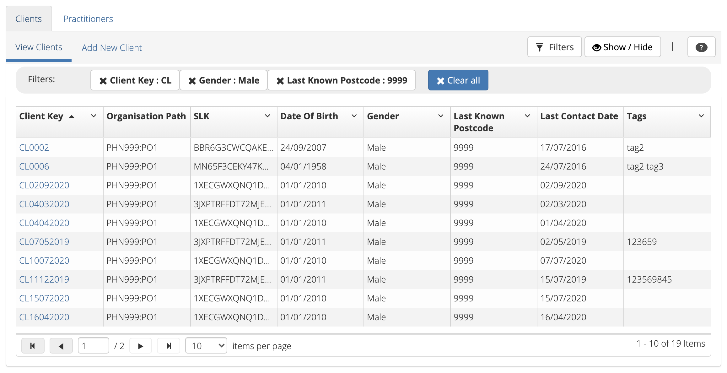 Client Data Results Filtered