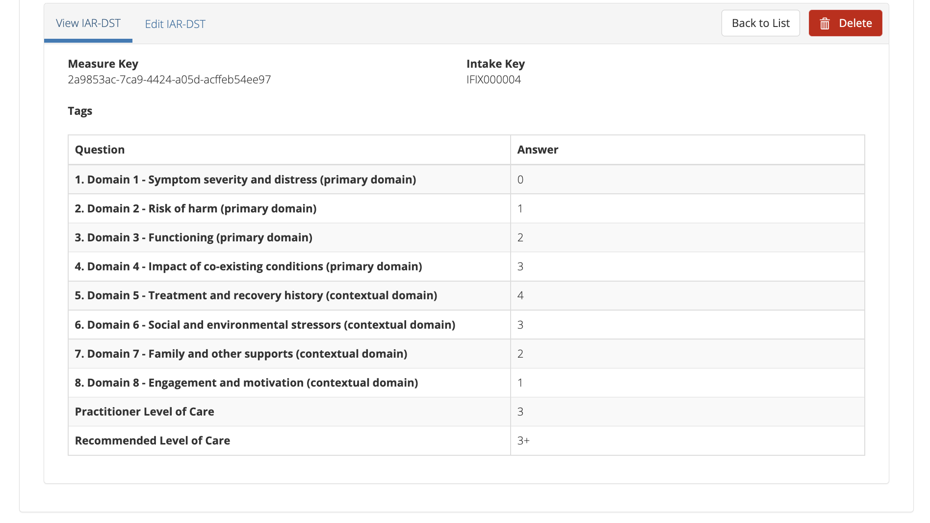 Client Intake Measure Details View