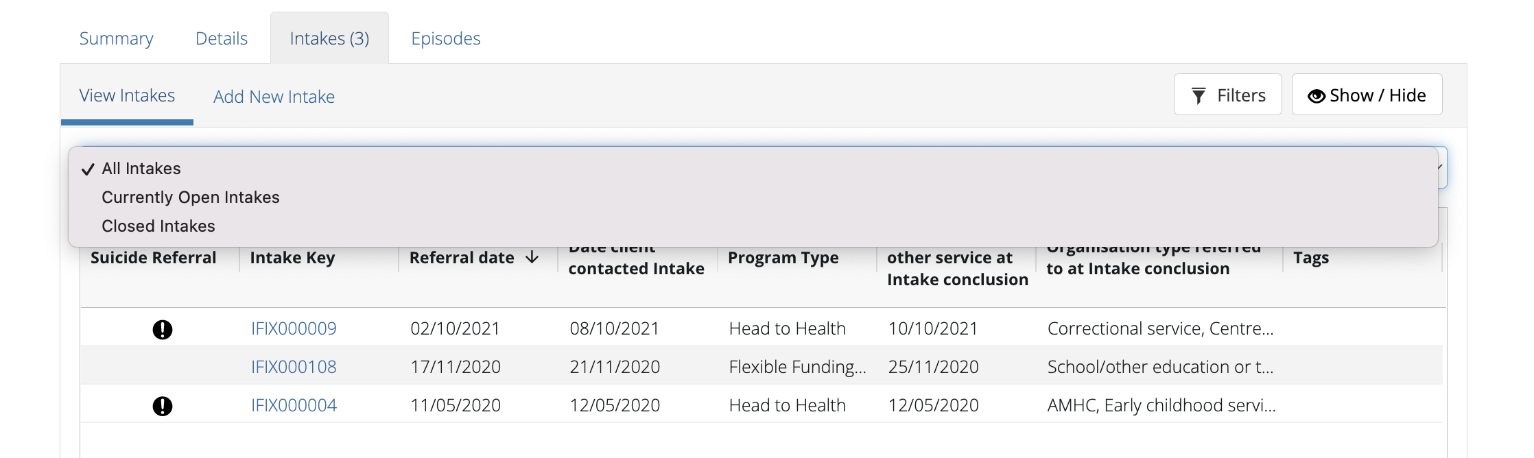 Client Intakes Sort View