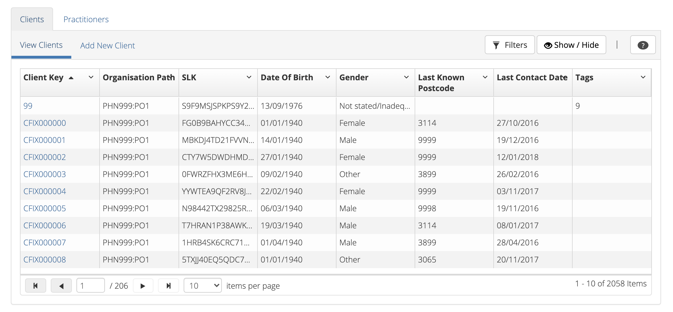 Client Data Table List