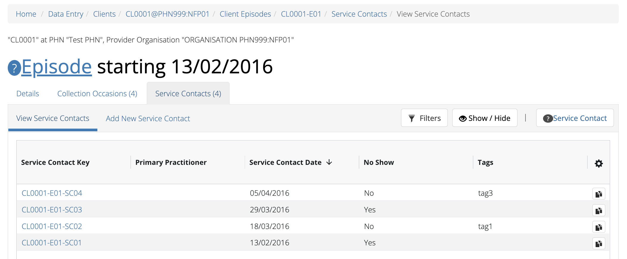 Client Episode Service Contacts Table View