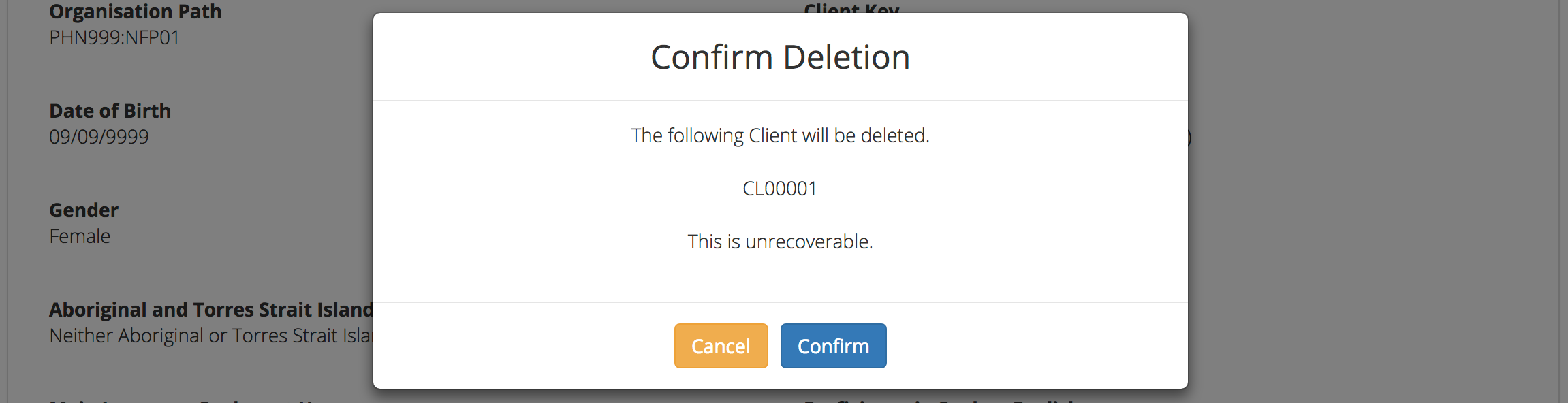 Client Data Confirm Delete