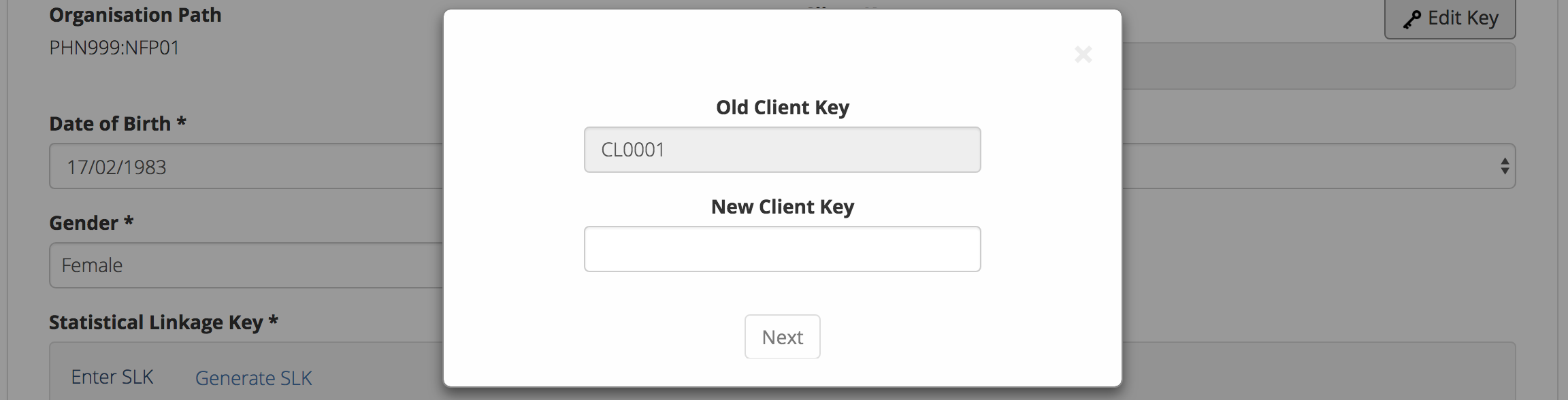 Client Data Edit Client Key