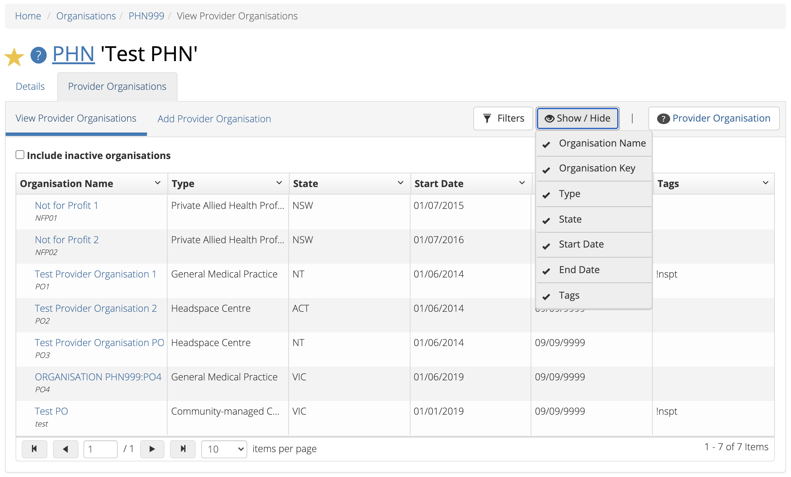 PMHC MDS Provider Organisations Show/Hide