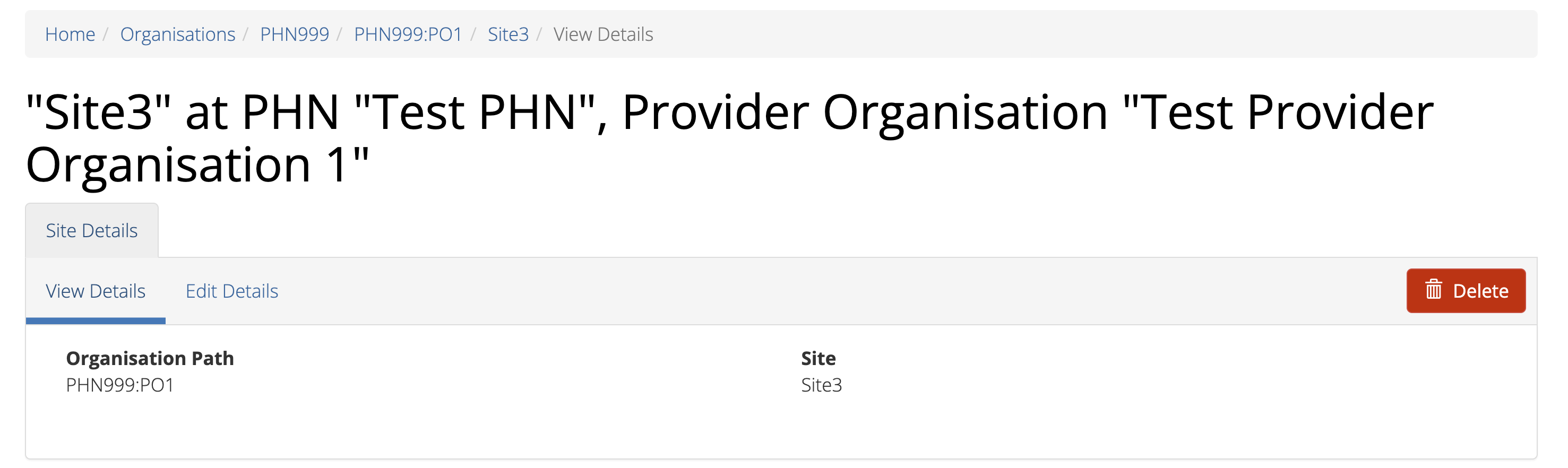 PMHC MDS Provider Organisation Delete Sites