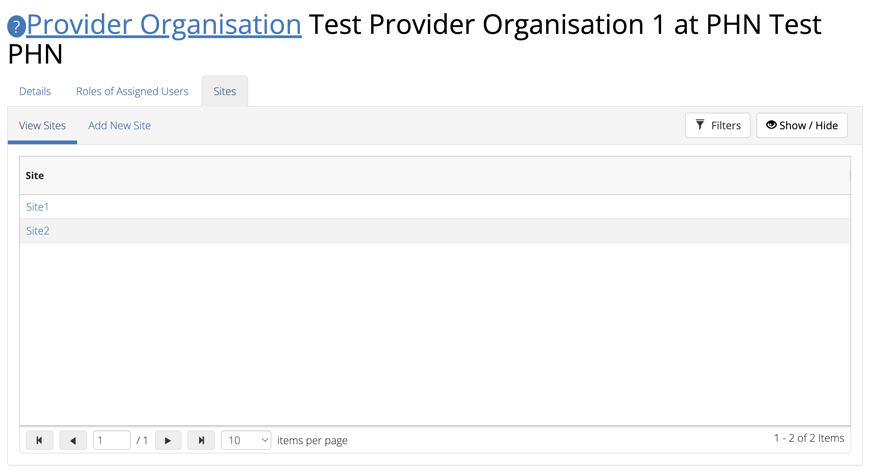 PMHC MDS Provider Organisation Sites