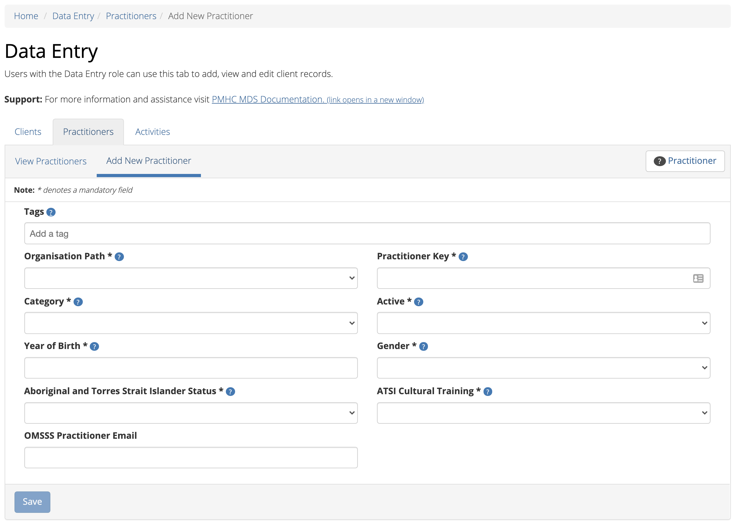 PMHC MDS Practitioner Details View