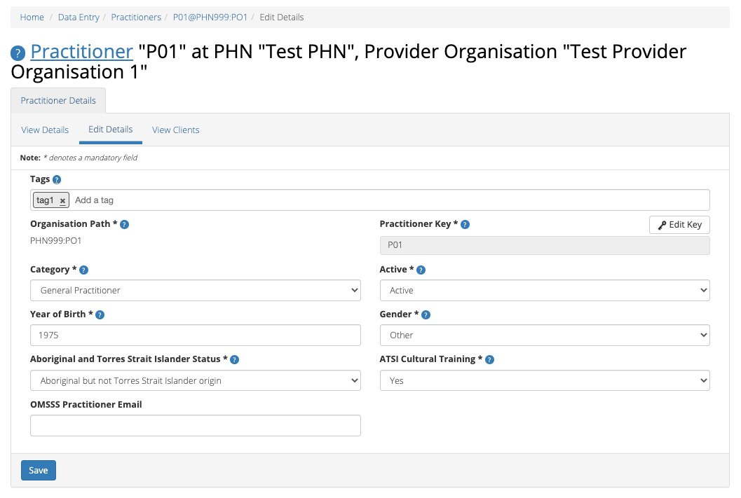 PMHC MDS Practitioner Details View