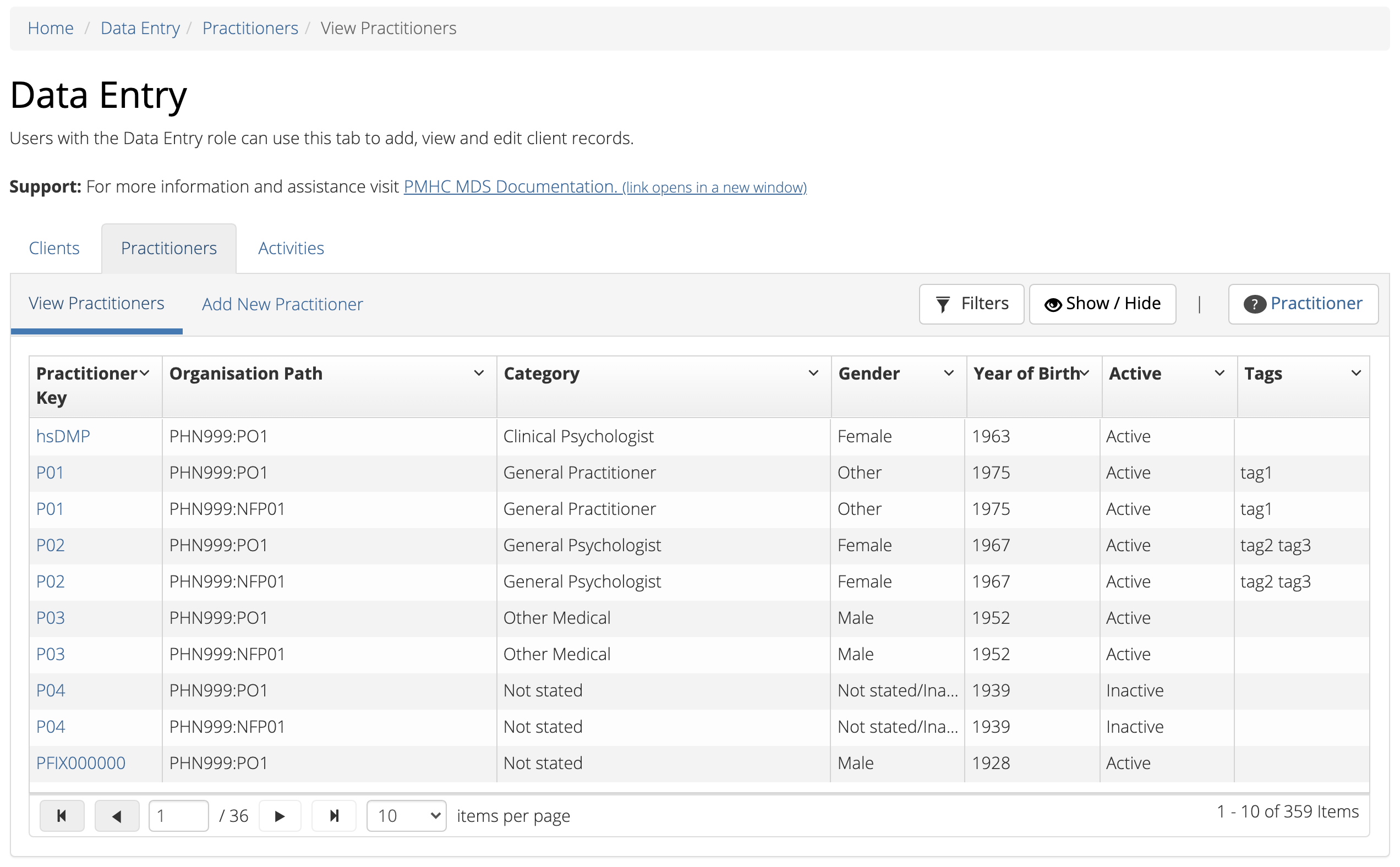 PMHC MDS Practitioners Table View