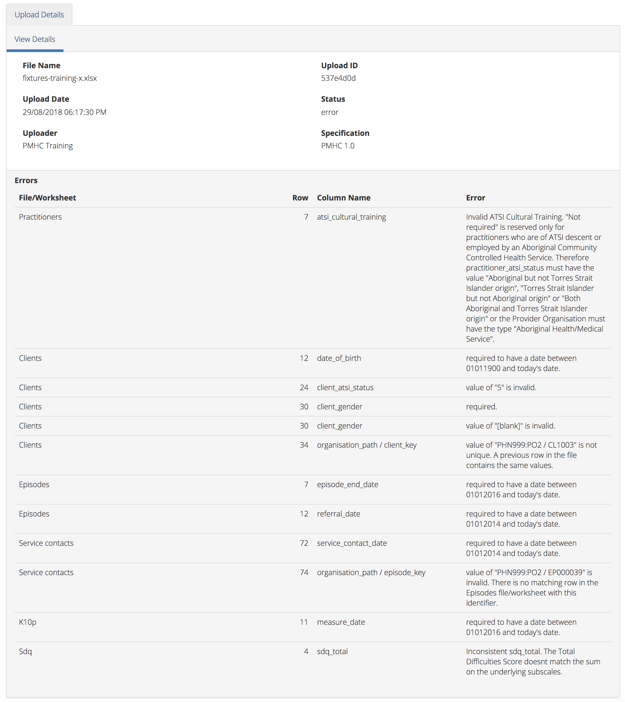 PMHC MDS Upload Details error page