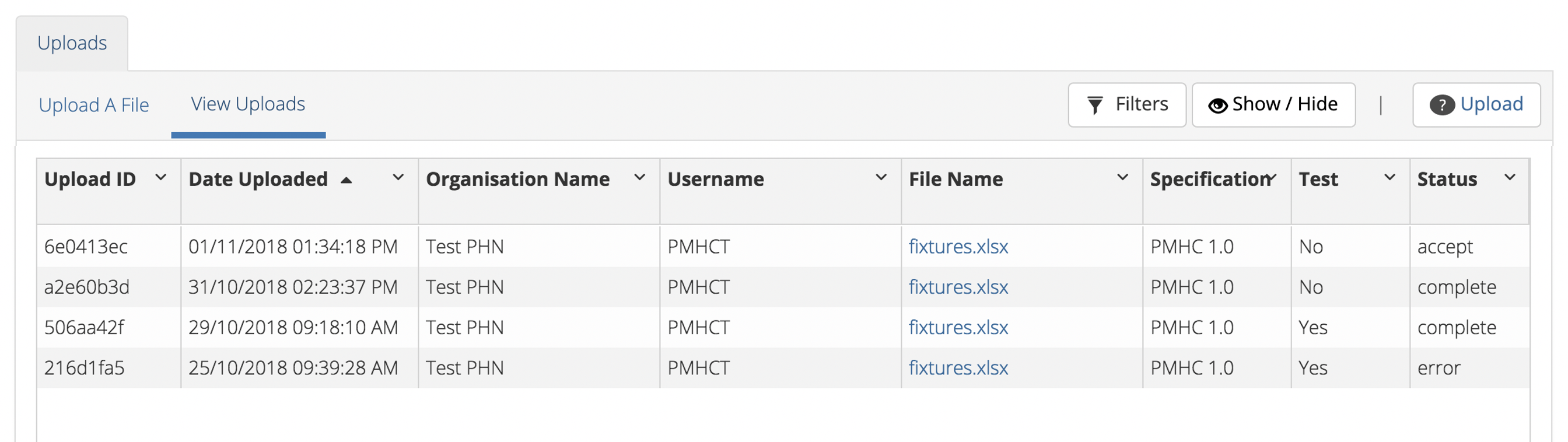 PMHC MDS Status of Previous Uploads