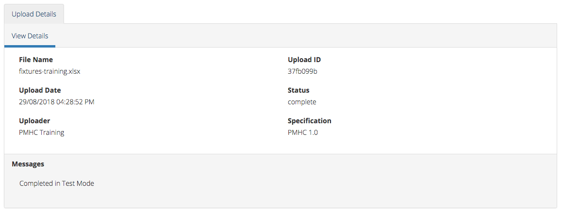 PMHC MDS Upload Test Complete Details page