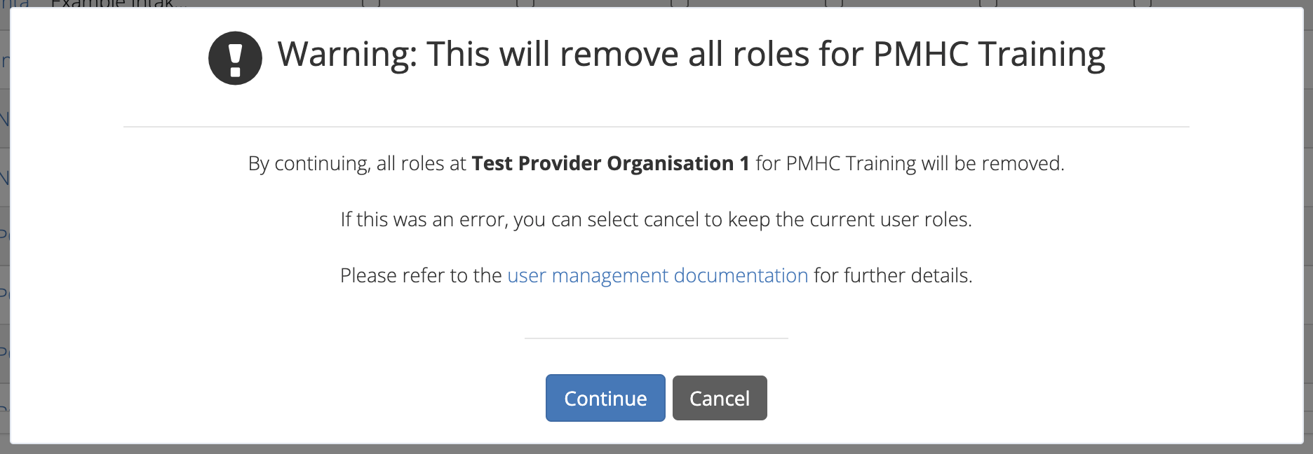 PMHC MDS Removing User Confirmation